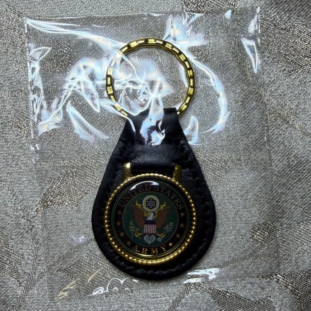 Military Emblem Keychain Challenge Coins w Leather Keyring Army or Air Force USA